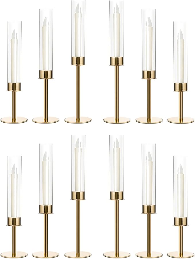 12PCS Gold Candle Sticks Holder in Bulk for Party Table Centerpiece,Metal Candelabra Centerpieces with Acrylic lampshade for Wedding Easter candelabros para centros de mesa