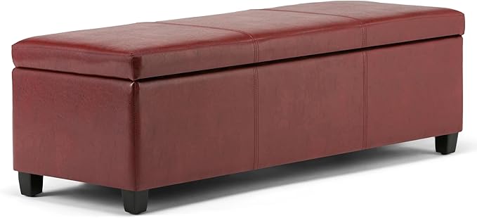 SIMPLIHOME Avalon Storage Ottoman Bench - 48 inch Wide Upholstered Vegan Leather Rectangular Lift-Top Ottoman in Red, Contemporary Storage Bench for Living Room with High-Density Foam