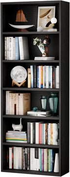 6-Tier Open Bookcase, Freestanding Wood Bookshelf with Display Storage Shelves, Modern Bookcase for Living Room, Bedroom, or Home Office, Black