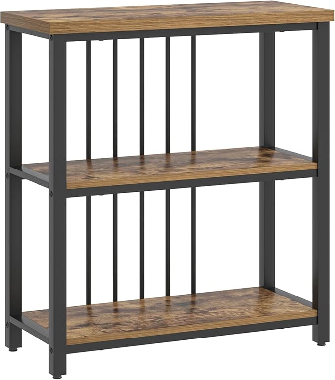 FOLUBAN 3 Tier Bookshelf, Industrial Wood and Metal Bookcase, Small Book Shelf for Home Office Bedroom Living Room, Rustic Brown