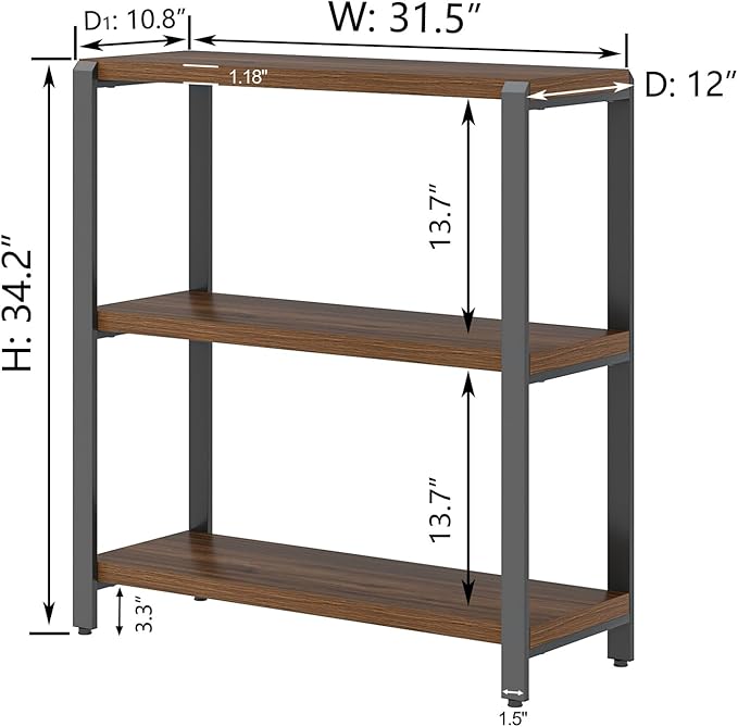 FOLUBAN Small Bookshelf and Bookcase, 3 Tier Low Short Book Shelf, Industrial Metal and Wood Book Case for Living Room Bedroom, Rustic Walnut