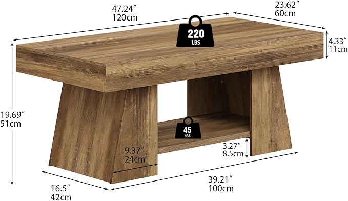 Tohomeor Coffee Table, 47.24" Farmhouse Wooden Rectangular Accent Center Tables with Storage Shelf Thick Base for Living Room, Home Office, Retro Brown
