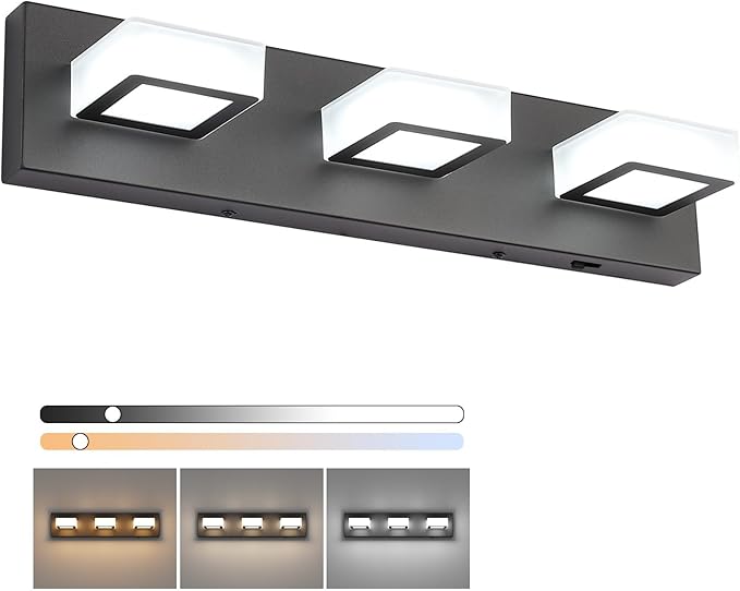 Ralbay 5 Color Temperature Modern LED Black Bathroom Vanity Lights Dimmable Acrylic Modern Black Bathroom Wall Lighting Fixtures 3 Lights