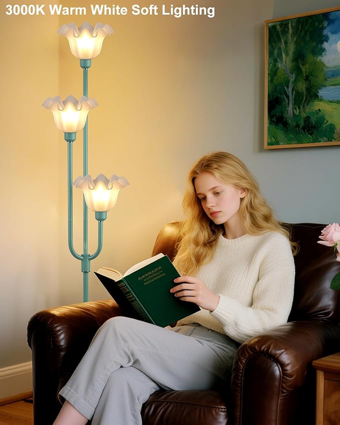 Flower Floor Lamp for Living Room, Dimmable Vintage Floor Lamp with Shelf & LED Bulbs, 3 Light 3000K Soft Warmwhite Mid Century Gold Standing Lamp, Floral Tall Lamp for Bedroom Office-Green