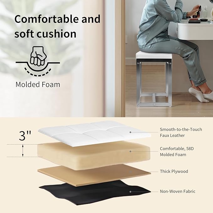 Vanity Stool, Vanity Chair Stools for Makeup Room, Faux Leather Small Makeup Bench, Modern Silver Metal Legs Ottoman Foot Rest for Bedroom Living Room, White & Silver