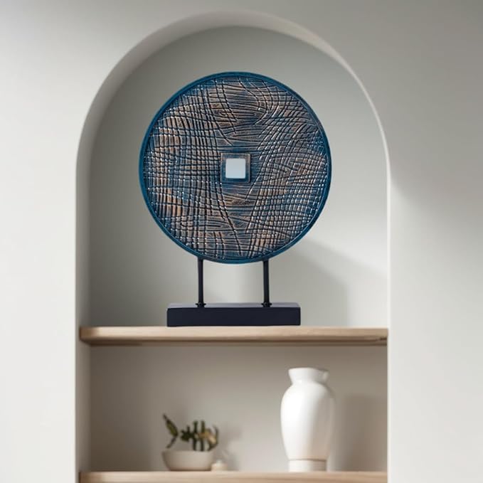 Unique Round Coin Sculpture Decorative Objects for Shelf Home Decor Accents, Modern Abstract Tabletop Decor Items for Living Room Fireplace Mantel, Above Cabinet (Blue)