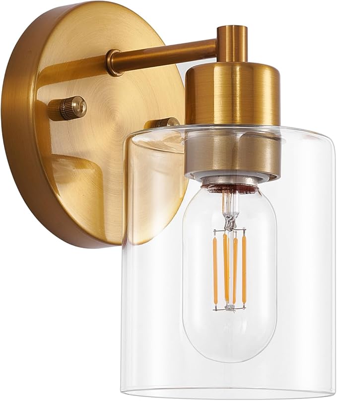 1-Light Wall Sconce Gold,Vanity Light, Wall Mount Bathroom Mirror Fixtures, Brass Bathroom Light fixtures with Clear Glass Shade for Bedroom, Entrance, Hallway, Living Room (1 Pack)