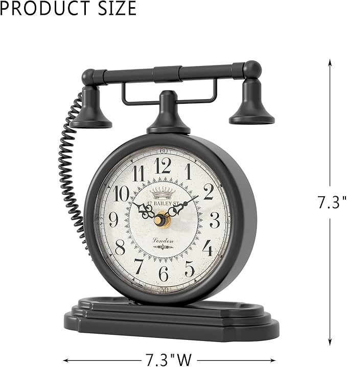 Vintage Table Clock, Desk and Shelf Decor Clock, Black Antique Telephone Style Mantel Clocks, for Living Room, Farmhouse, Bedroom, Bedside, Gift (7.3" H x 7.3" W)