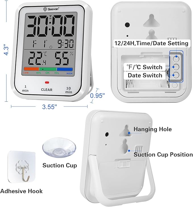 Geevon Digital Bathroom Clock, Waterproof Shower Timer with Large Touch Screen, Battery Operated Bathroom Wall Clock with Temperature & Humidity Display - Suction Cup/Hanging Hole/Stand (White)