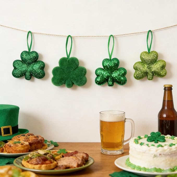 St Patrick's Day Shamrocks Hanging Ornaments, 24Pcs Green Shamrocks Hanging Ornament Luck Clover Bauble Decoration for Saint Patrick's Party Supplies Tiered Tray Table Crafts Decor