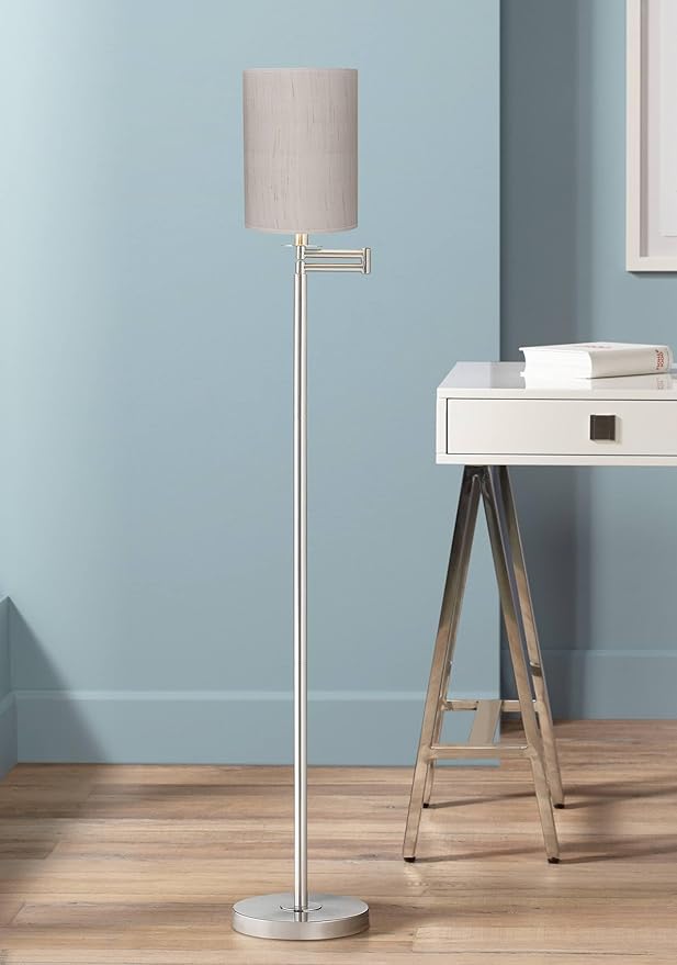360 Lighting Modern Swing Arm Floor Lamp Standing 60.5" Tall Brushed Nickel Silver Ivory Natural Linen Fabric Cylinder Drum Shade Decor for Living Room Reading House Bedroom