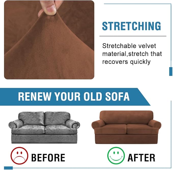 H.VERSAILTEX Sofa Cover 3 Piece T Cushion Loveseat Slipcovers Thick Velvet Couch Cover Stretch T Cushion Sofa Covers for 2 Cushion Couch with 2 Individual T Cushion Covers Washable, Caramel