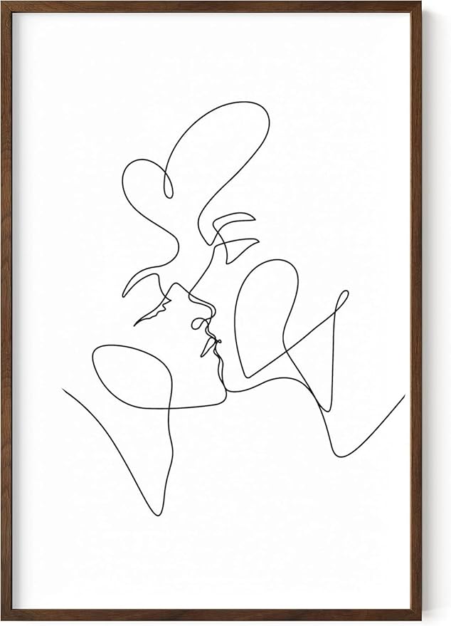 Minimalist Couple Art Wall Art Print Couple Kiss Abstract Line Drawing, Gallery Quality 24"x36" Walnut Framed, Abstract Love Aesthetic Decor Bedroom Living Room
