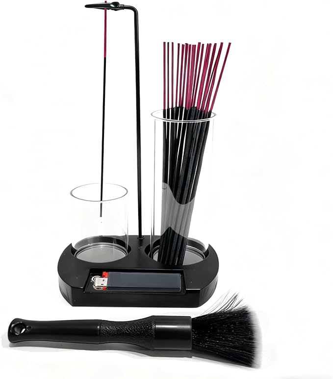 3-in-1 Incense Holder with Ash Catcher and Storage | Upgraded Glass Incense Burner Stick Holder with Lighter Slot & Bonus Cleaning Brush | for Meditation Yoga Spa Office Home Decor - Black