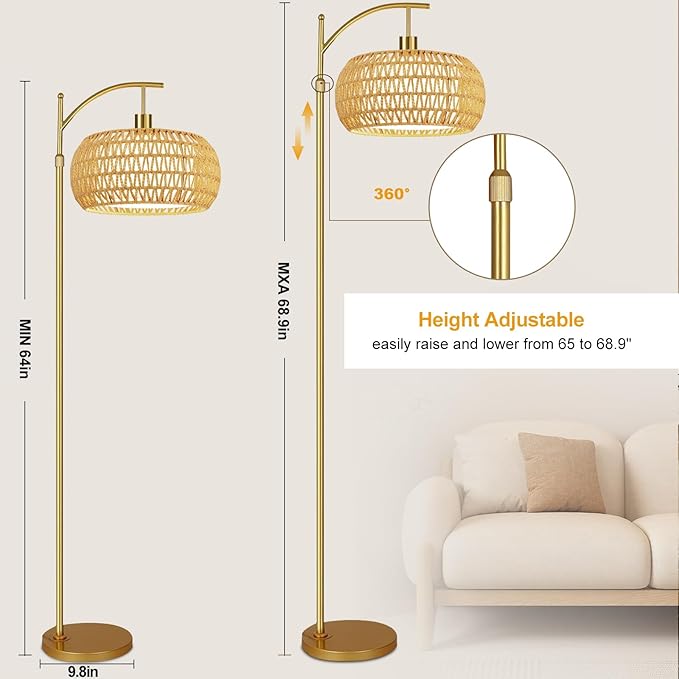 Gold Floor Lamps for Living Room Rattan Boho Floor Lamp with Remote Control & 3 Color Temperature,Dimmable Arc Floor Lamps Brass Standing Lamp Tall Floor Lamp for Bedroom Living Room Corner