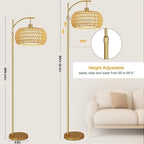 Gold Floor Lamps for Living Room Rattan Boho Floor Lamp with Remote Control & 3 Color Temperature,Dimmable Arc Floor Lamps Brass Standing Lamp Tall Floor Lamp for Bedroom Living Room Corner