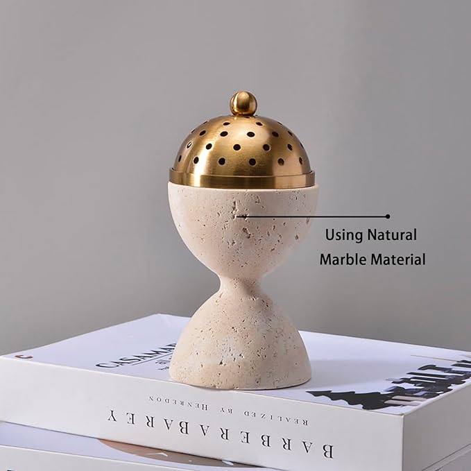 Natural Marble Incense Burner with Brass Accents 6.29 x 3.54 inches Multi-Purpose Holder for Cones/Sticks/Sage, Home Decor & Relaxation (Yellow)