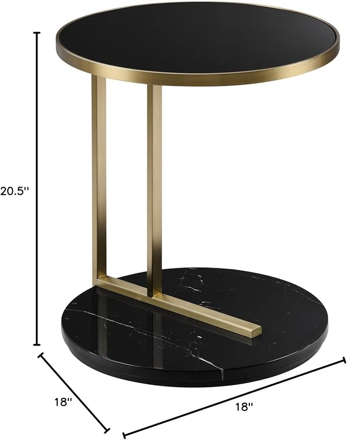 Elegant Midas Side Table – Glass Top & Marble Base Accent Table, Brass Finish - Black (18” x 20.5”)