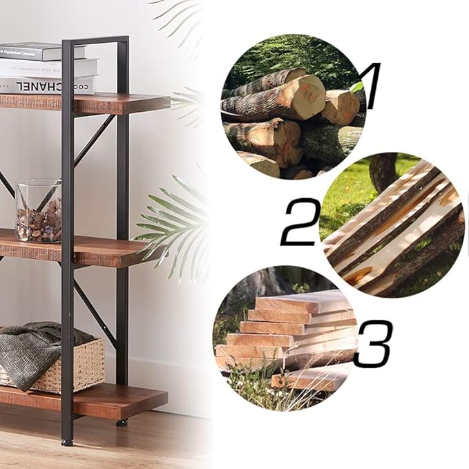 HSH Solid Real Wood Bookshelf, 3 Tier Rustic Vintage Industrial Book Shelf, Small Short Etagere Natural Wooden Bookcase, Open Metal Farmhouse Solid Wood Book Shelf, Distressed Brown