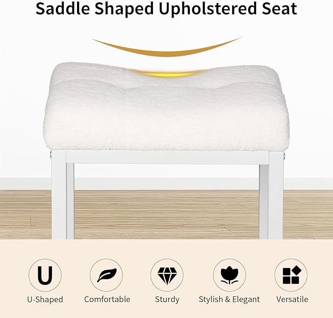 Vanity Stool, Saddle Seat Makeup Stool Chair with Metal Leg, U-Shaped Teddy Velvet Ottoman Foot Rest Stool, Small Square Chairs Under Desk for Vanity, Modern Makeup Bench White