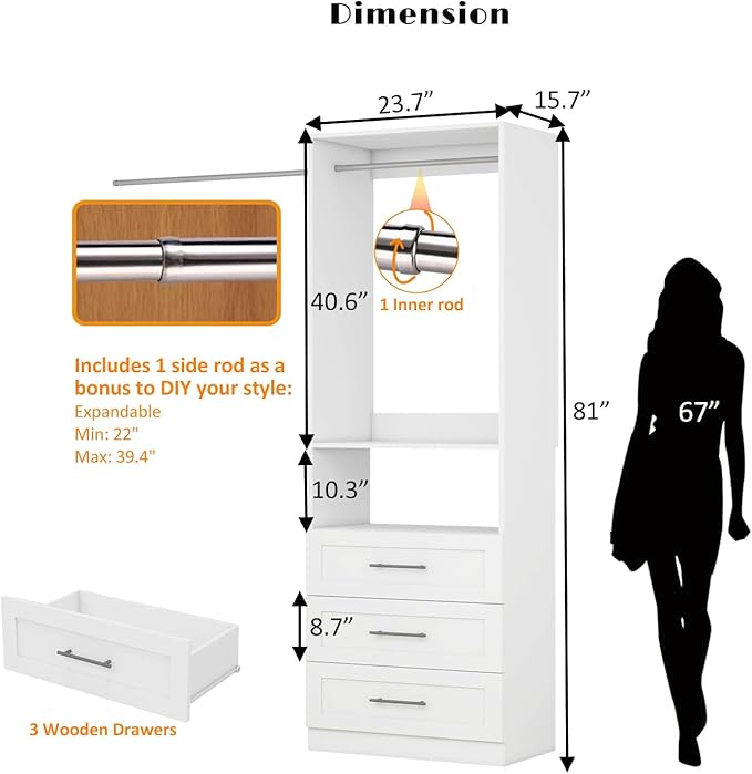 Dilando Closet System with Drawers, 2FT Wood Closet Organizer System 23.7" Walk-in Closet Corner Small Closets Storage System with Hanging Rods, White (2FT)