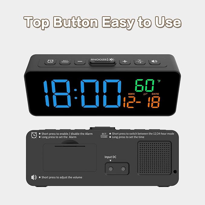 Netzu 3-in-1 Digital Clocks for Living Room with Temperature, Date & Time Display - 4 Levels Birghtness, 3 Volumes, Small & Compact Plug-in Alarm Clock for Bedroom, Office (Blue)