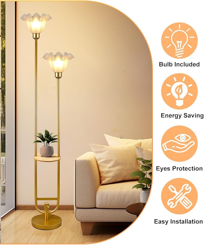 Dimmable Flower Floor Lamps with Table, 2-Lights Dimmable Floral Floor Lamp, 3000K Warmwhite Candle Holder Style Modern Floor Lamp, Rustic Gold Standing Lamp for Living Room Bedroom