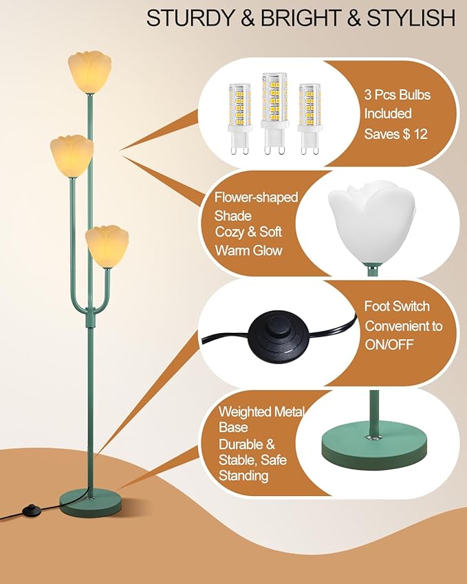 Lightdot 66IN Flower Floor Lamp 3-Lights Vintage Floor Lamps with 3000K Bulbs Included for Wedding Party Modern Dimmable Green Standing Tall Lamp for Living Room/Bedroom/Sofa Beside/Corner Decor