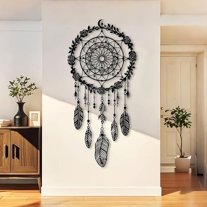 Maclou Metal Dream Catcher Wall Decor, Metal Feather Wall Art, Boho Dream Catcher Wall Decor for Living Room, Bedroom, Girls Room (Silver,48x22 inch / 121x57 cm)