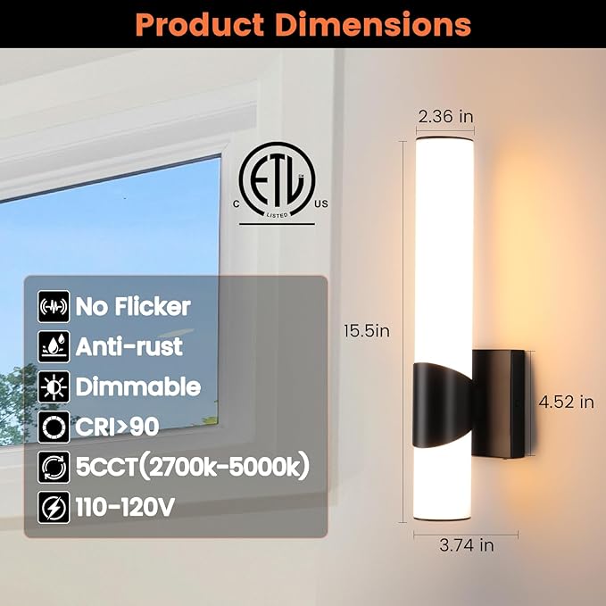 Black Wall Sconces Set of Two 15 Inch Modern Bathroom Sconces with Acrylic Shades LED Hardwired Sconce Wall Lighting Fixtures for Living Room Bedroom Hallway, 2 Pack