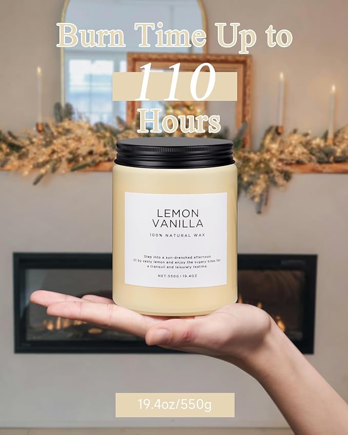 M&SENSE Candles Lemon Vanilla Scented, 19.4oz 110 Hours Long Lasting for Home 2 Wick Natural Soy Wax Non Toxic Candles in Glass Jar, Stress Relief Gifts for Women and Men