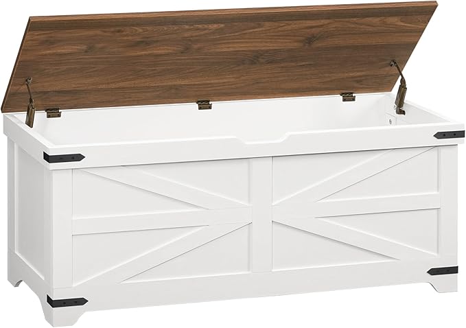 Large Toy Chest, 47.2" Wooden Toy Box with 2 Safety Hinges, Farmhouse Style Storage Bench, Blanket Storage Chest for Living Room, Entryway, Bedroom, White+Walnut SCBZ18601