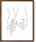 Holding Hands Wall Art Interlocking Fingers Continuous Line Drawing Love Connection 16x20 Inch Oak Wood Walnut Framed Modern Romance Print for Bedroom