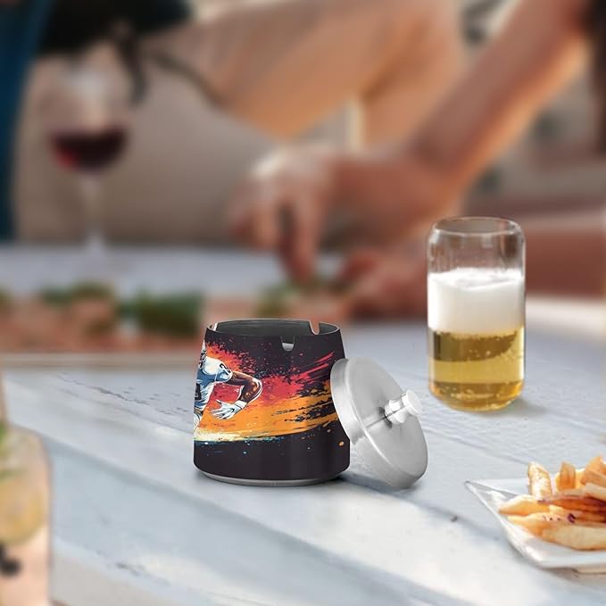 American Football Player Splash Ashtray with Lid, Outdoor Ashtrays for Patio, Stainless Steel Ashtray Odorless Smokeless for Home Office Balcony