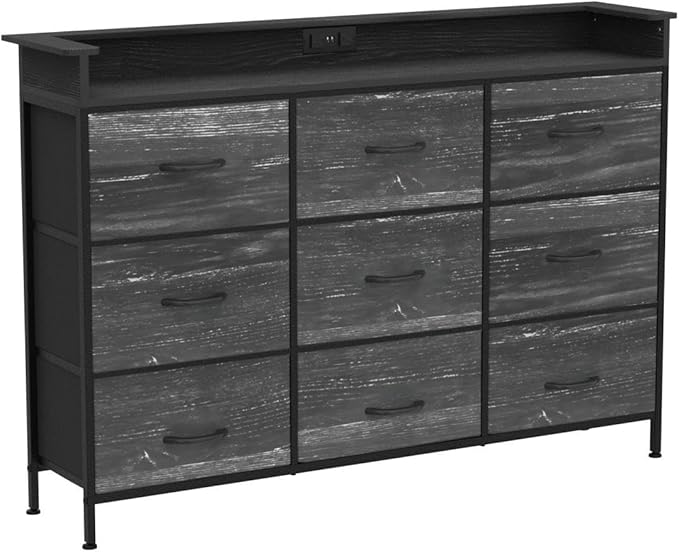 EXOTICA Black Dresser with Charging Station 9 Drawers Dresser with LED Light and USB Ports Fabric Dressers for Bedroom Hallway Entryway Closets Sturdy Steel Frame Wood Top