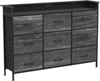 EXOTICA Black Dresser with Charging Station 9 Drawers Dresser with LED Light and USB Ports Fabric Dressers for Bedroom Hallway Entryway Closets Sturdy Steel Frame Wood Top
