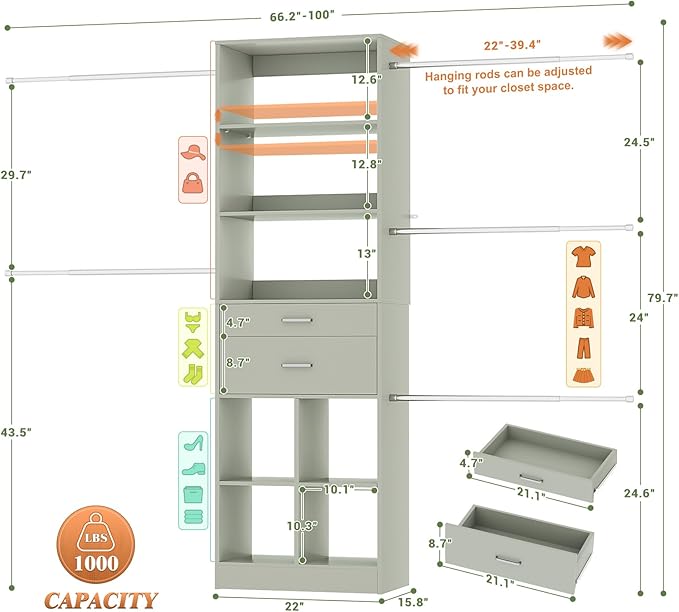 Closet System, 4-8 FT Closet Organizer Tower with 2 Wooden Drawers and 5 Hanging Rods, Can Fit 60 to 96 inch Walk-in Closet System, Crab Green
