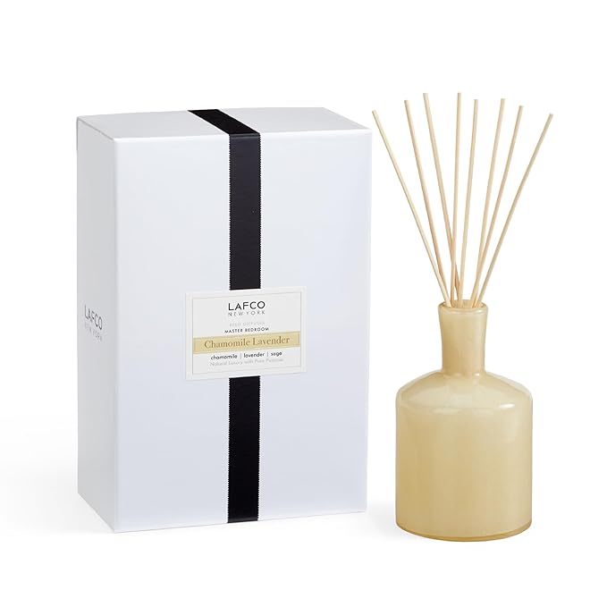 LAFCO New York Signature Reed Diffuser, Chamomile Lavender - 15 oz - Up to 9 Months Fragrance Life - Reusable, Hand Blown Glass Vessel - Natural Wood Reeds - Made in The USA