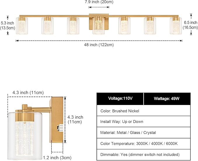 SineRise 7-Light Gold Vanity Light with 3 Color Modes (3000K/4000K/6000K), Eye Protection LED Bathroom Light Fixture, Dimmable Modern Wall Light Over Mirror with Clear Glass Shade