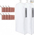 2 Set 60in Long Cotton Garment Bags, 6in Wide Gusset Hanging Storage Clothes with 8 Cedar Blocks, Transparent Mesh Window, Breathable Closet Bags for Fur Coat Suit Sweater Dress, White