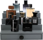 Cologne Organizer for Men - 4 Tier Wooden Grey Cologne Display Stand with Drawer and Hidden Compartment, Mens Cologne Perfume Holder Shelf for Organizing and Storing