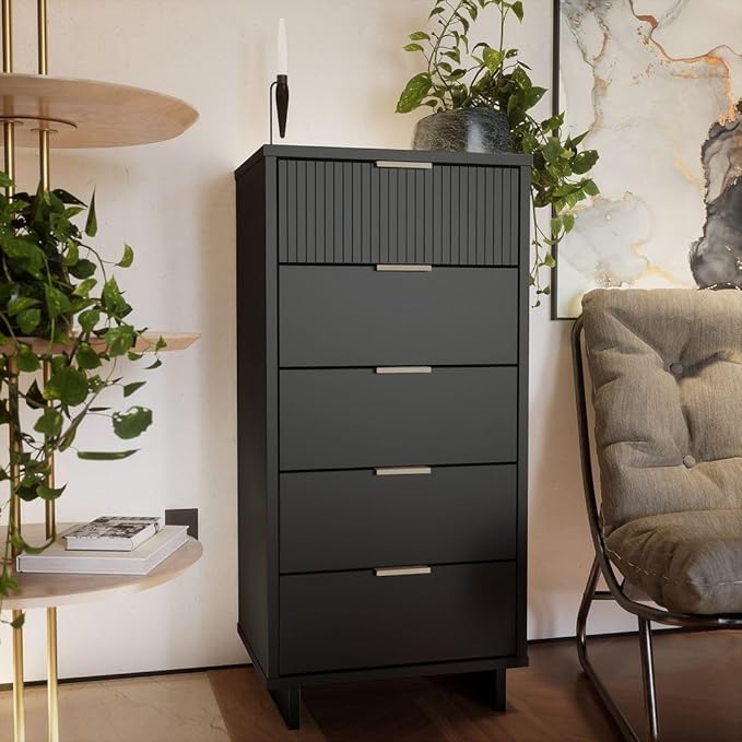 Manhattan Comfort Granville 24-Inch Modern Tall Dresser with 5 Full Extension Soft Close Drawers, Textured Ribbed Lines Design Made of Solid Wood with Gold Accent, TV Stand for Bedroom, Dark Grey