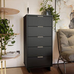 Manhattan Comfort Granville 24-Inch Modern Tall Dresser with 5 Full Extension Soft Close Drawers, Textured Ribbed Lines Design Made of Solid Wood with Gold Accent, TV Stand for Bedroom, Dark Grey