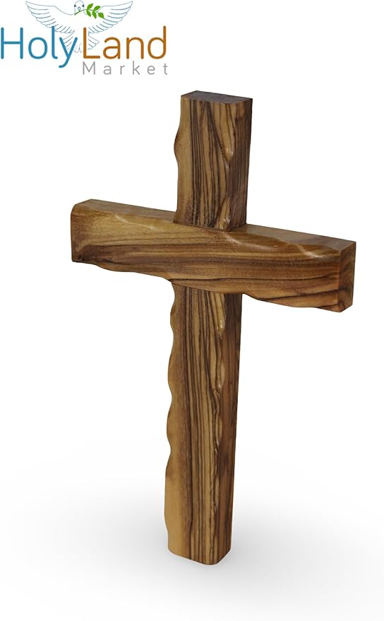Holy Land Market Olive Wood Wall Cross - Hand Carved Wooden Crucifix with Certificate & Lord's Prayer Card, Authentic Bethlehem Christian Cross Wall Decor - 8 in