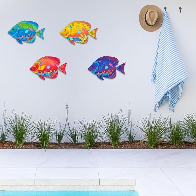 Oraytteo Metal Fish Wall Decor, Set of 4 Sea Fish Wall Art Decorations for Barthroom Fence Pool Patio Decor, Indoor or Outdoor Decorations, Gifts for Mom Dad Friends