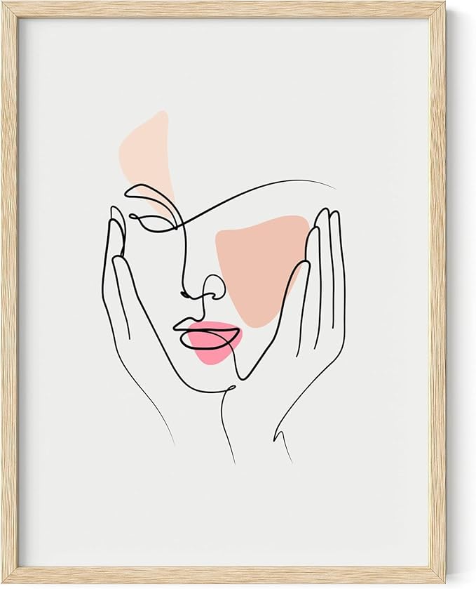 Aesthetic Face Wall Art Hands on Cheeks Continuous Line Drawing Abstract Pink Shapes 12x16 Inch Oak Wood Beige Framed Modern Portrait for Bedroom Vanity