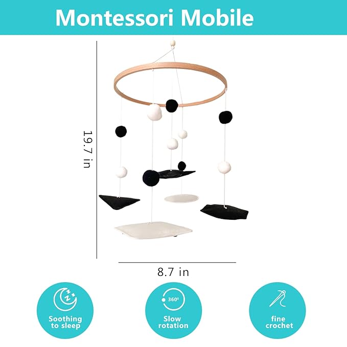 Montessori Mobile, Black and White Baby Crib Mobile, Neutral Nursery Mobile Decoration for Pack N Play, for Baby Boy & Girl, Sun, Moon, Star, Snow, Cloud