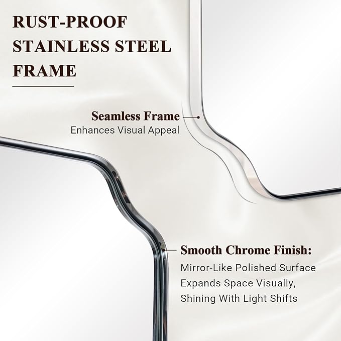 ANDY STAR 24"x24" Chrome Mirror, Polished Nickel Square Mirror for Wall, Scalloped Bathroom Mirror in Anti-Rust Stainless Steel Frame, Unique Notched Corner Designed Ideal for Home Remodel