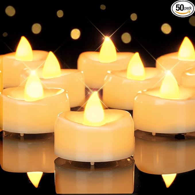 Flameless Candles, 50 Pack LED Tea Lights Candles Battery Operated, Last 200+ Hrs Flickering Tea Lights, Flameless Tealight Candles for Halloween Diwali Fall Christmas Wedding