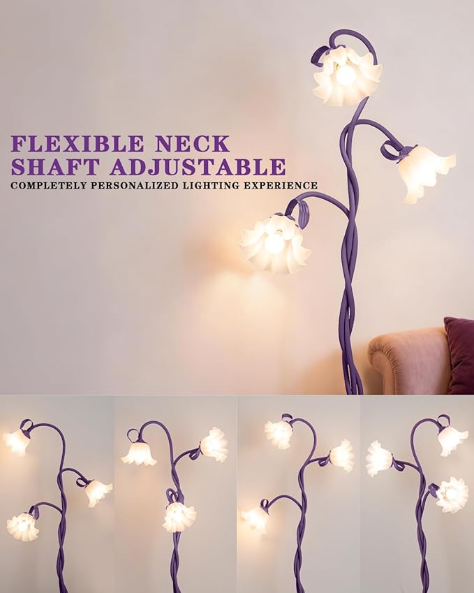Flower Floor Lamp for Bedroom - 3 Color Temperatures Decorative Flower Tall Standing Lamp for Reading with Flexible Neck for Bedroom Living Room Office Corner (Purple)